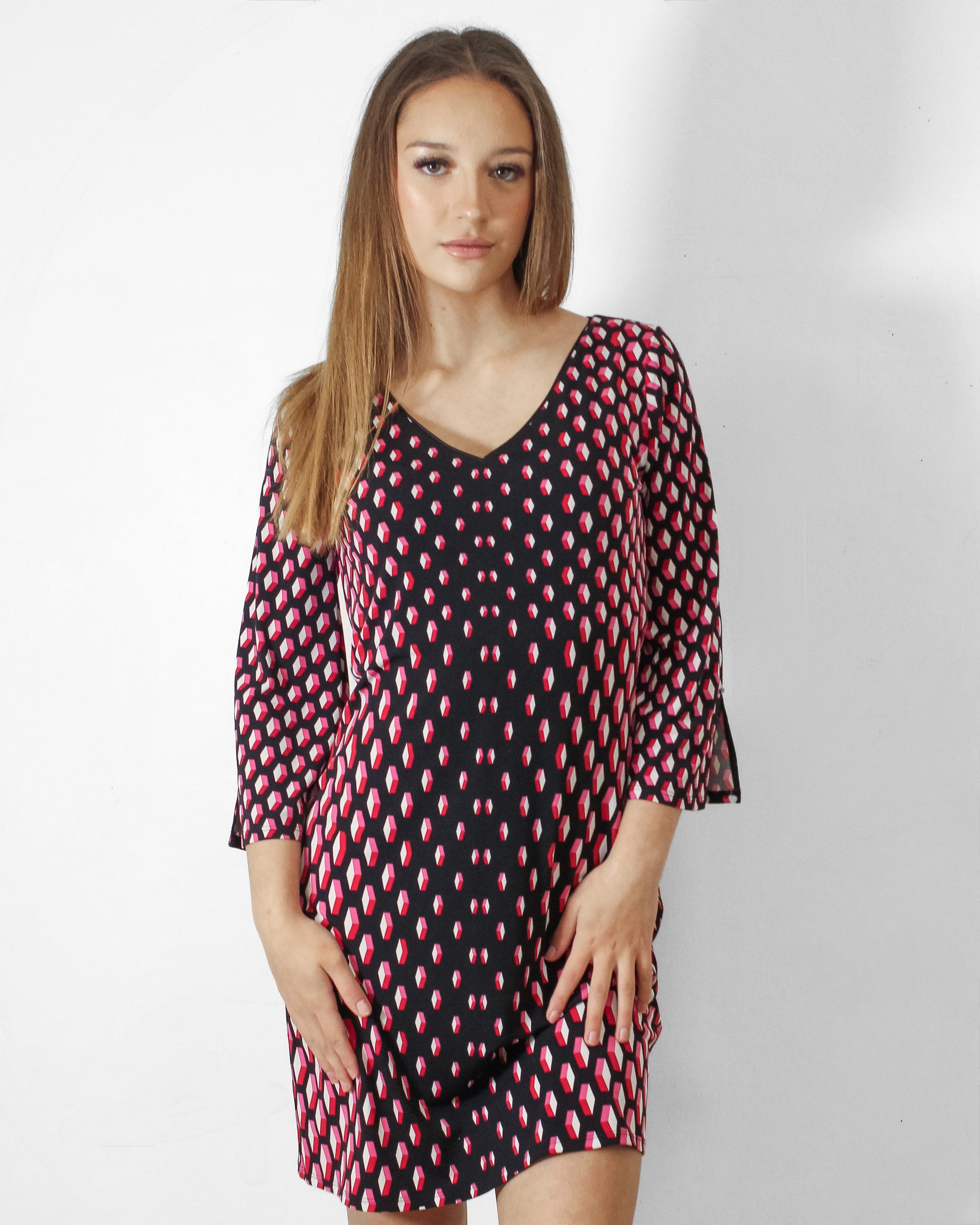Black Textured Cotton Dress with Diamond Motif